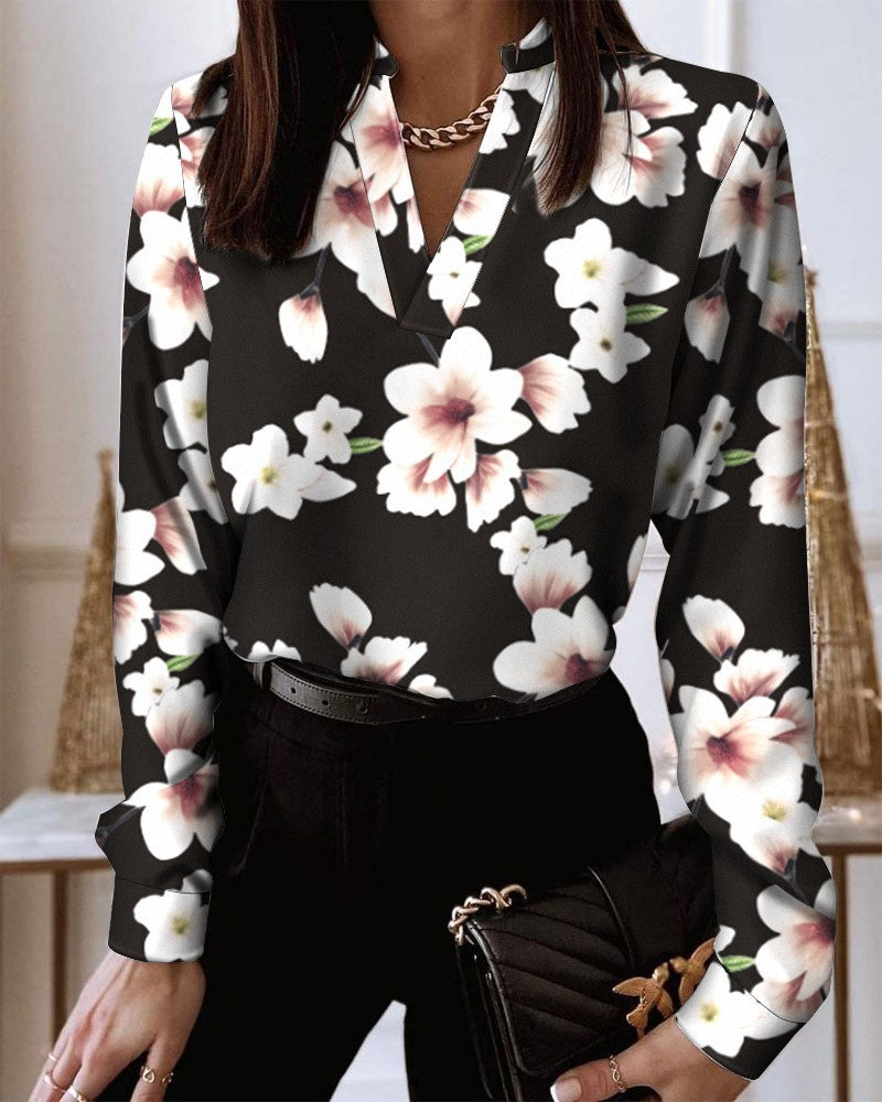 Women's Spring V-neck Long Sleeve Loose Printed Blouses