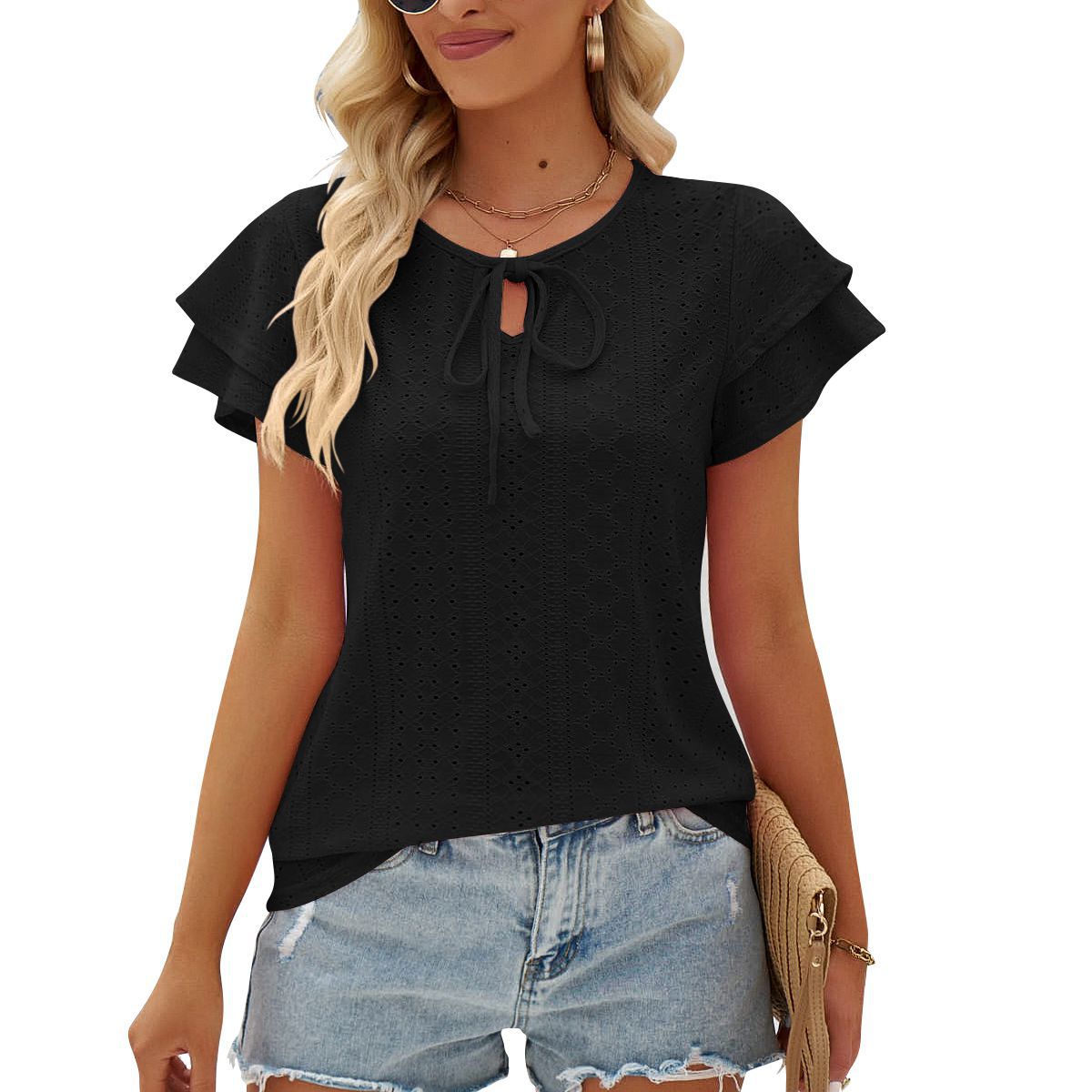 Women's Summer Hole Hollow-out Lace-up Double-layer Sleeve Blouses