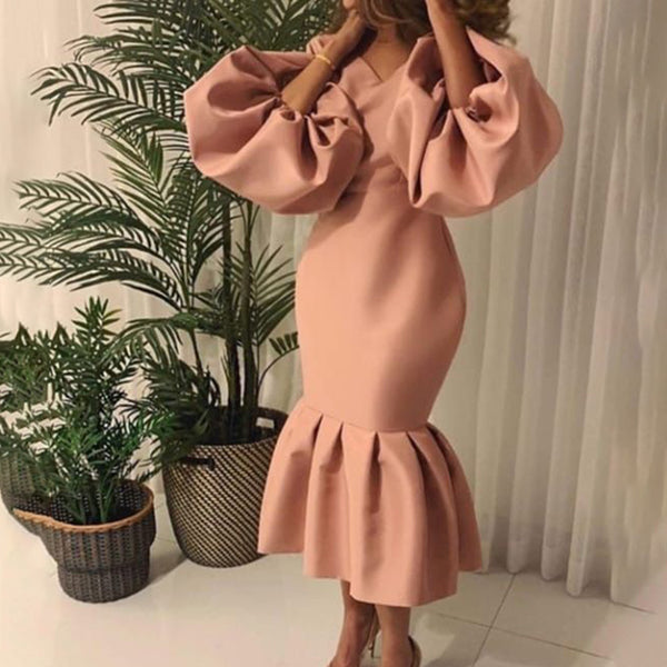 Women's Fashion Solid Color V-neck Bubble Long Dresses