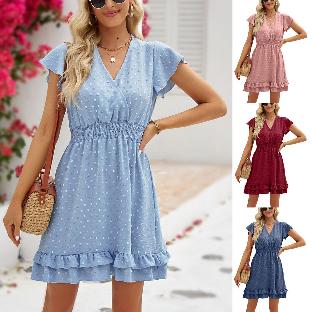 Women's Durable V-neck Ruffle Ball Pleated Dresses