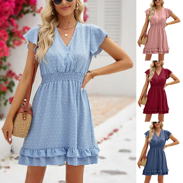 Women's Durable V-neck Ruffle Ball Pleated Dresses