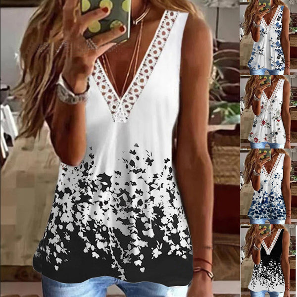 Women's Summer Lace V-neck Printed Sleeveless Blouses