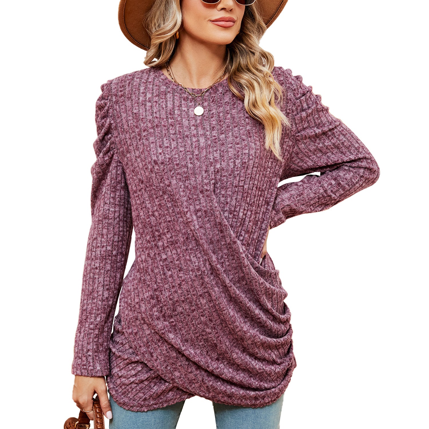 Women's Color Round Neck Twist Long Sleeve Blouses