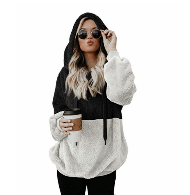 Women's Patchwork Rope Hooded Fleece Pullover Sweaters