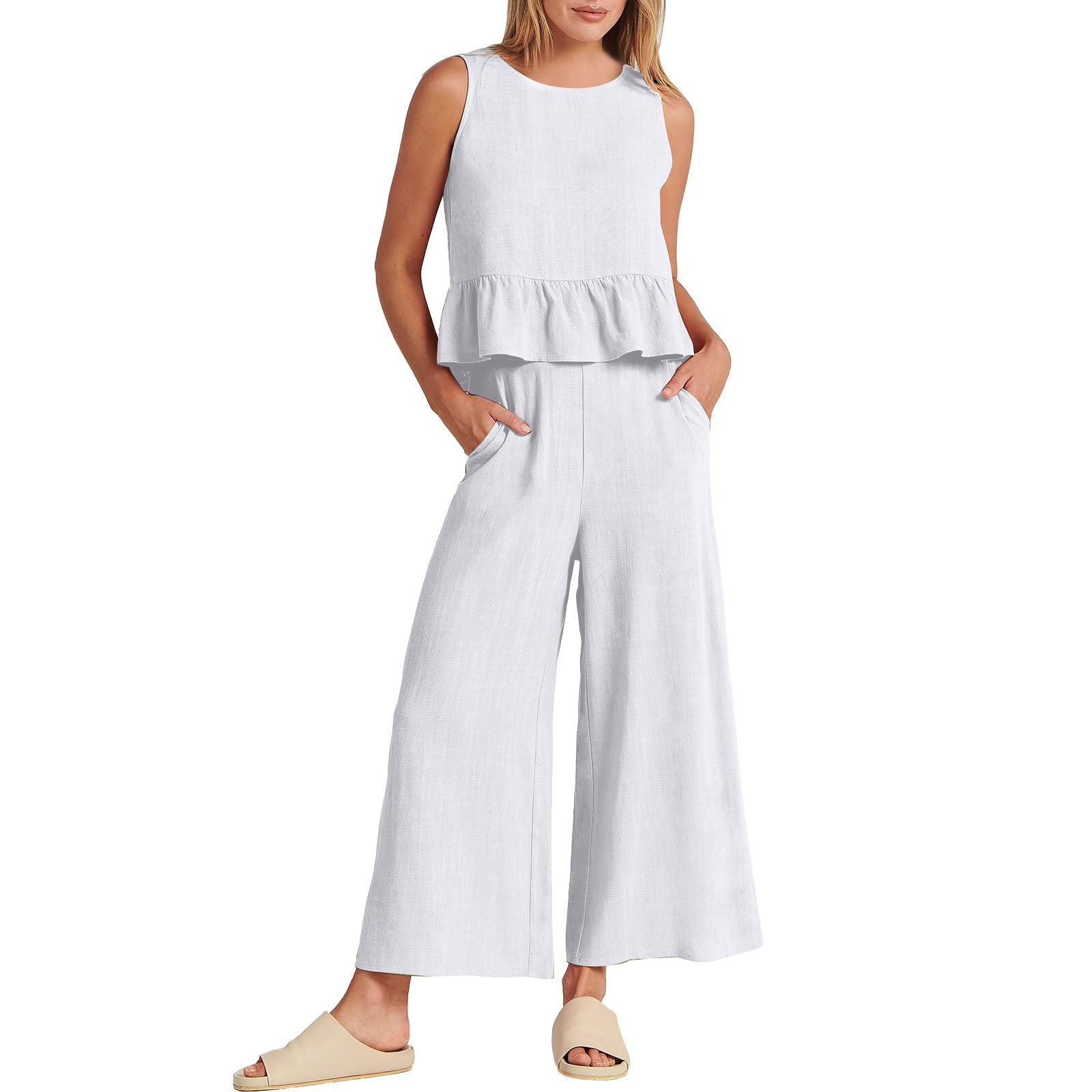 Women's Summer Ruffled Sleeveless Linen Solid Color Suits