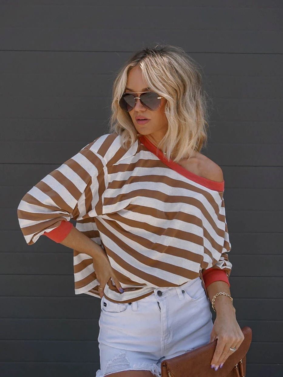 Long-sleeved Striped T-shirt Round Neck Loose Blouses