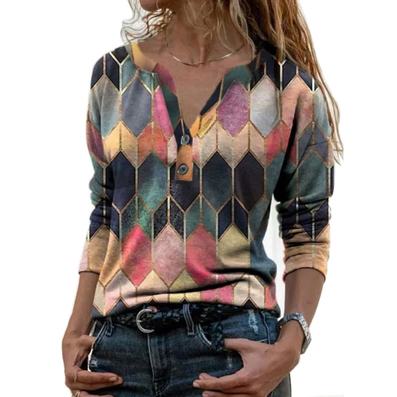 Women's Long Sleeve Printed V-neck Pullover Loose Blouses