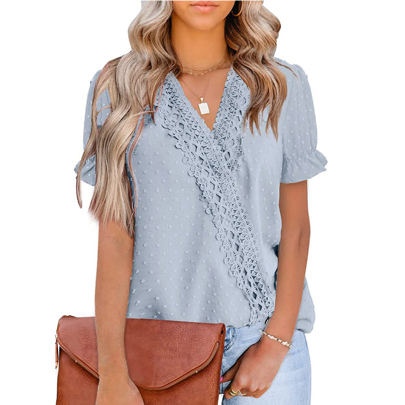 Women's Summer Chiffon Fur Lace V-neck Sleeve Blouses