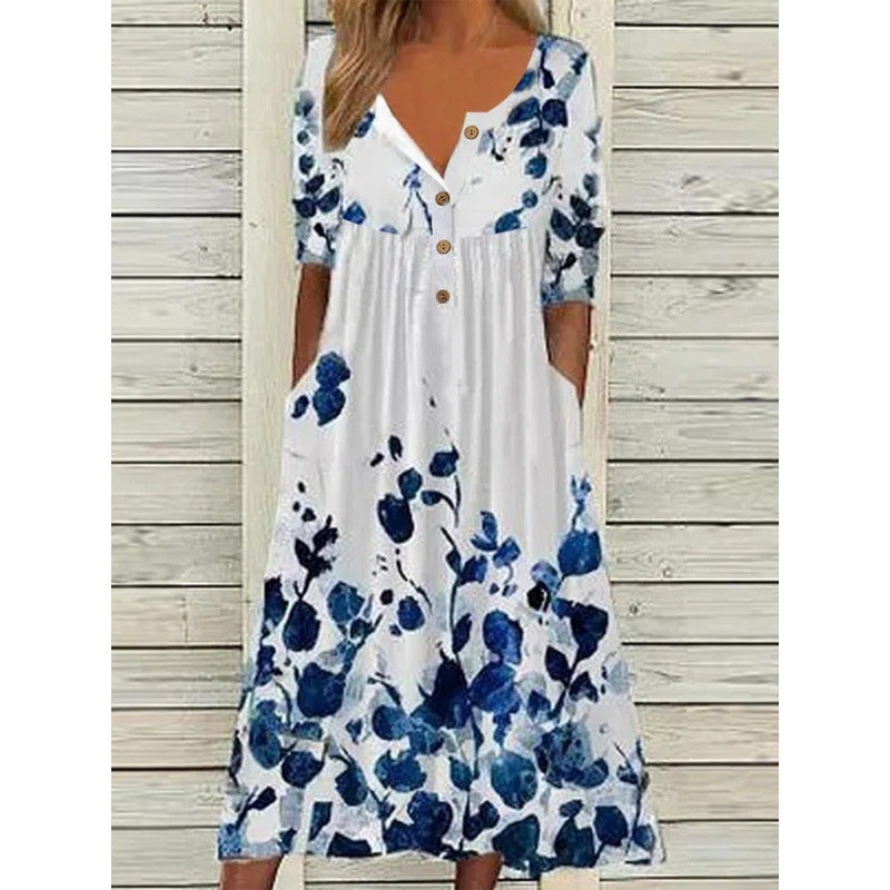 Women's Spring Printed V-neck Button Sleeve Pocket Dresses