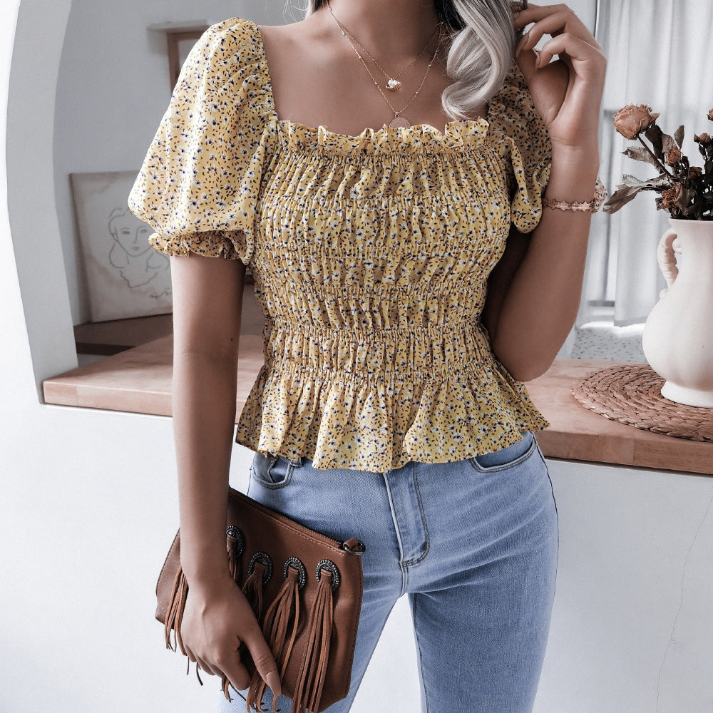 Women's Summer Square Collar Lantern Sleeve Ruffled Blouses