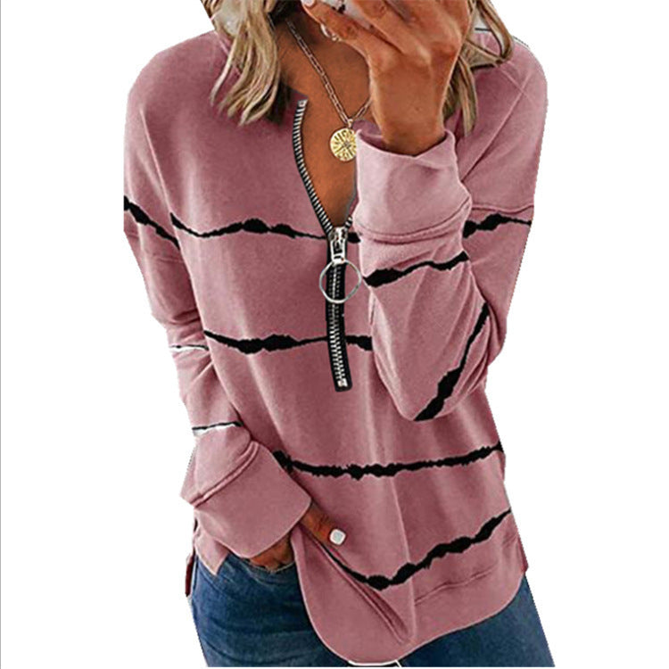 Women's Autumn Striped Zipper V-neck Long Sleeve Blouses