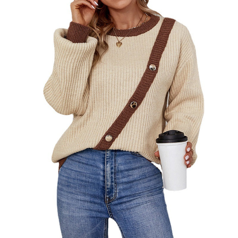 Women's Color Button Round Neck Lantern Sleeve Sweaters