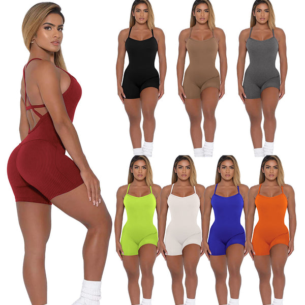 Women's Solid Color Rib Beautiful Back Hip Jumpsuits