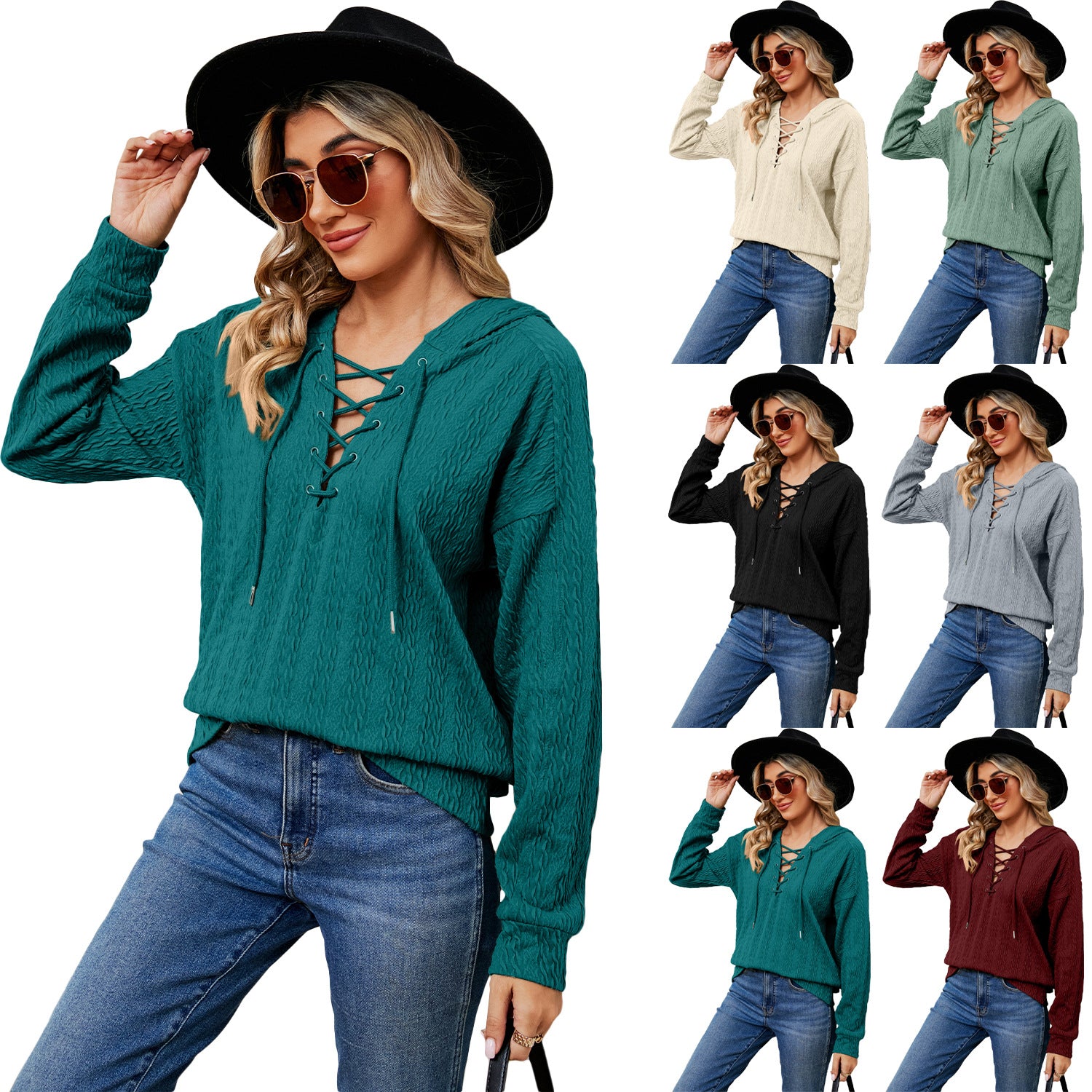 Women's Solid Color Hooded Neckline Tied Long Tops