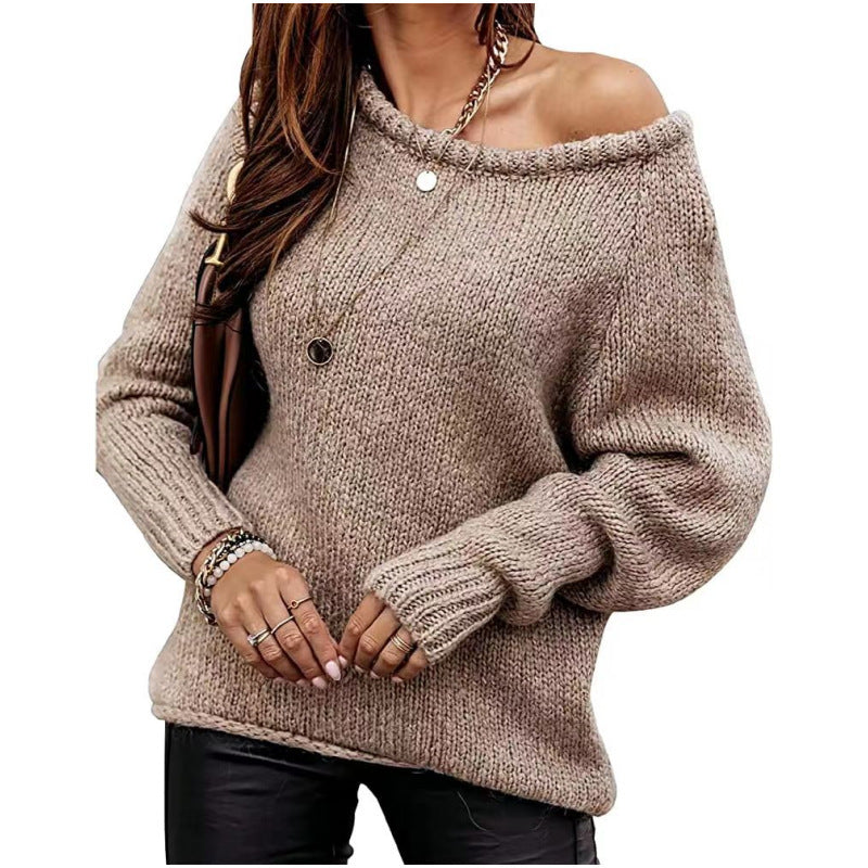 Women's Strapless Sexy Round Neck Pullover Solid Sweaters