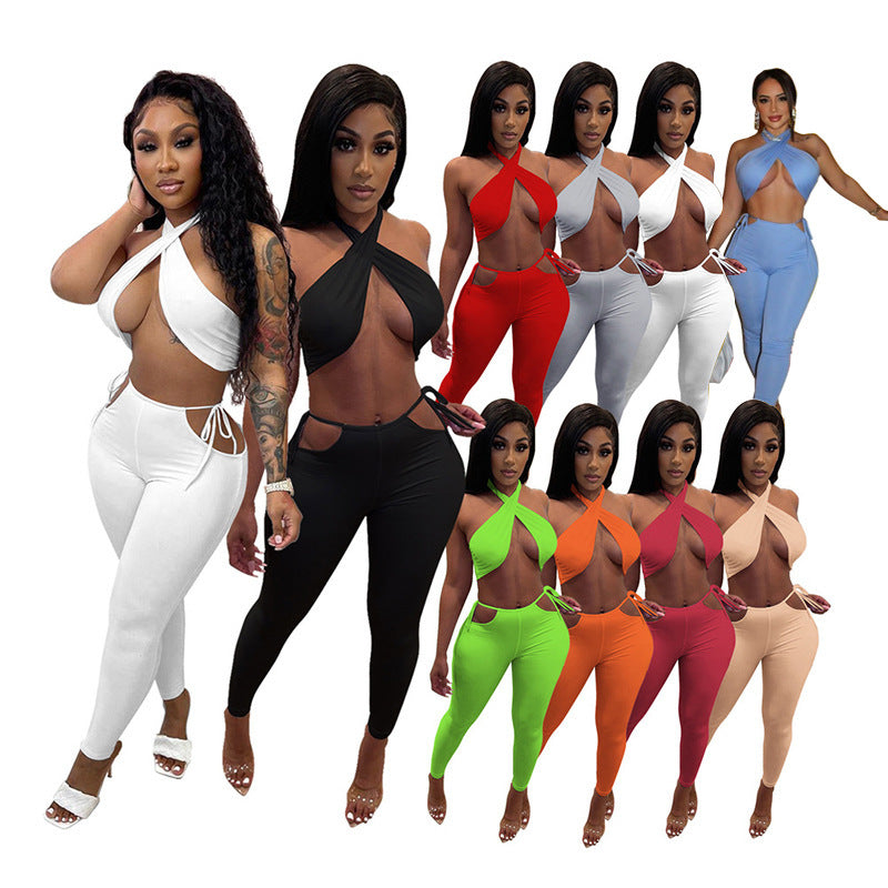 Women's Sexy Solid Color Trousers Two-piece Set Suits