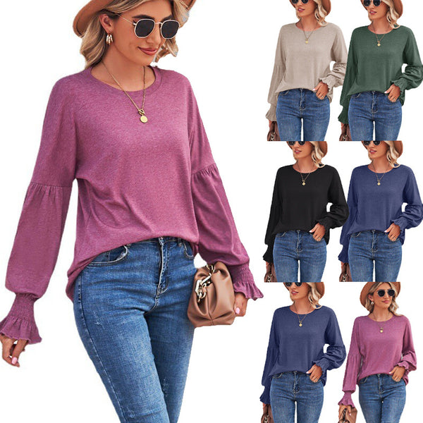 Women's Round Neck Lantern Sleeve Long-sleeve T-shirt Blouses