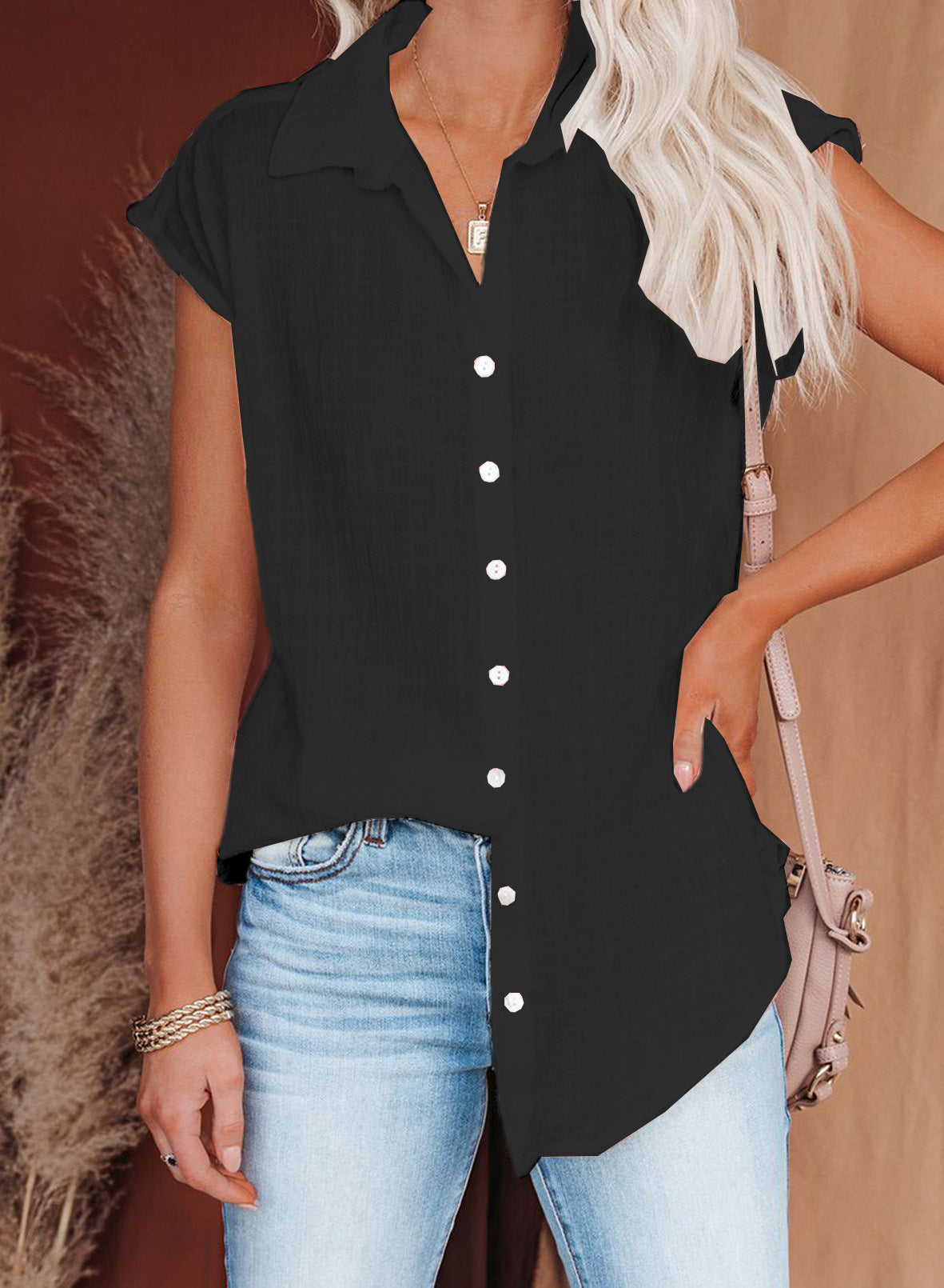 Damen Sommer einfarbiges einreihiges Hemd Casual Tops