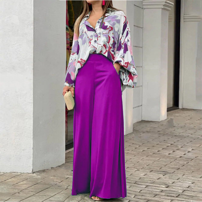 Women's Summer Loose Large Casual Printed Wide Leg Two-piece Suits