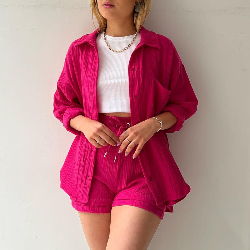 Women's Lapel Long Sleeve Shirt High Waist Shorts