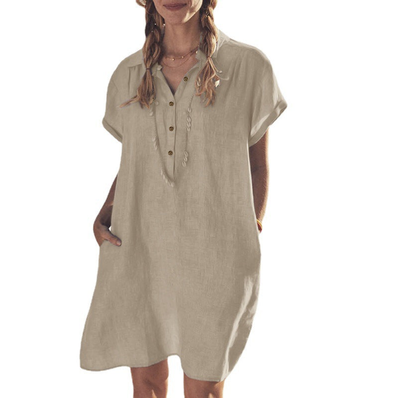 Cotton Linen Shirt Dress Pocket Beach Dresses