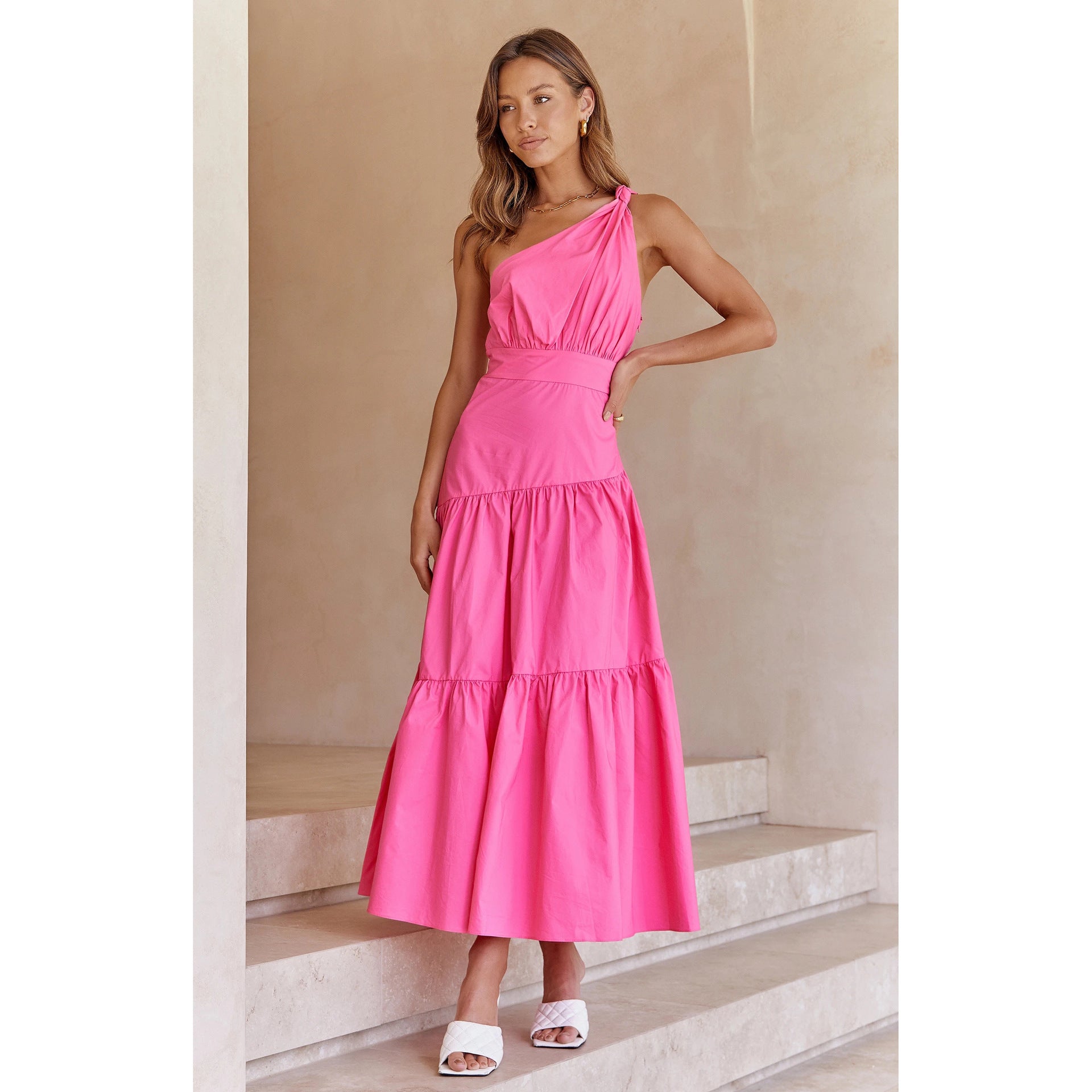 One-shoulder Knotted Solid Color Fresh Long Dresses