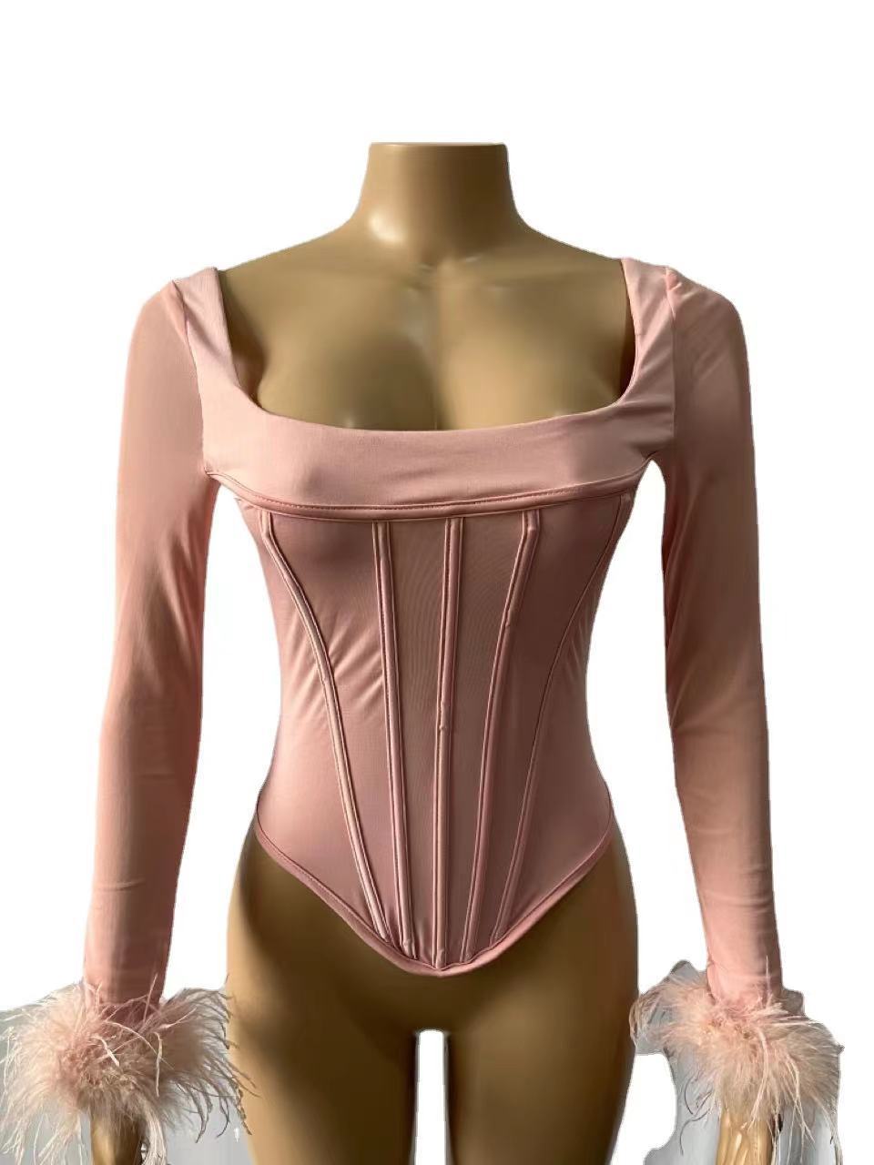 Blouses longues à col carré rose pour femmes