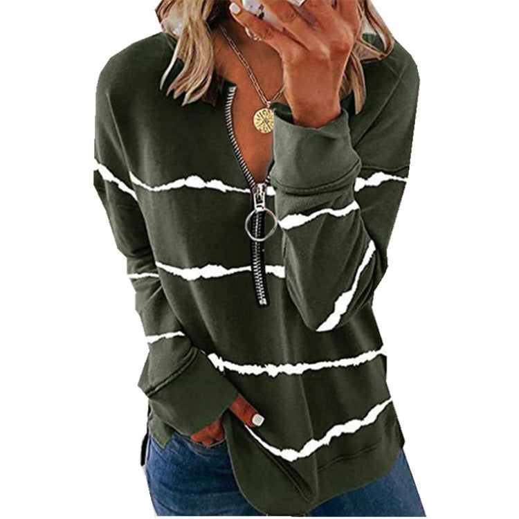 Women's Autumn Striped Zipper V-neck Long Sleeve Blouses