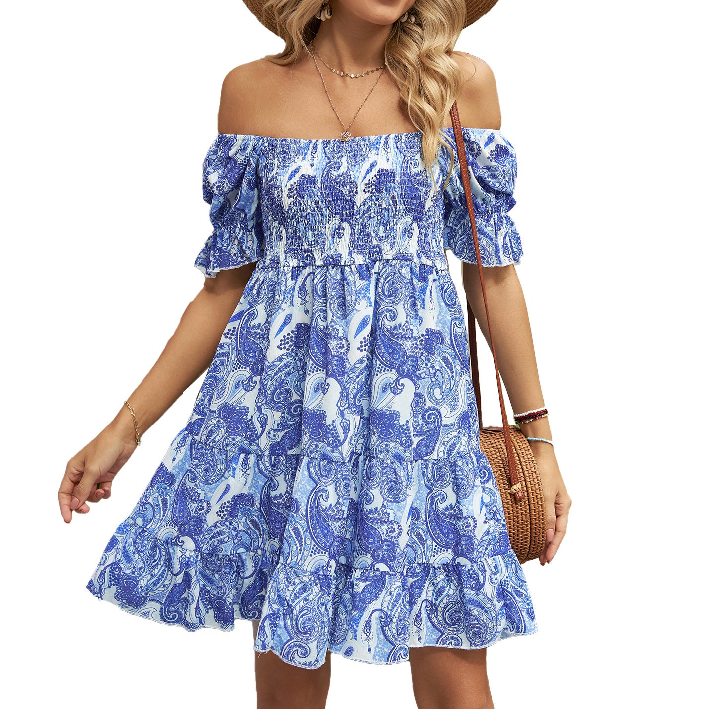 Women's Printed Smocking Short-sleeved Loose With Square Dresses