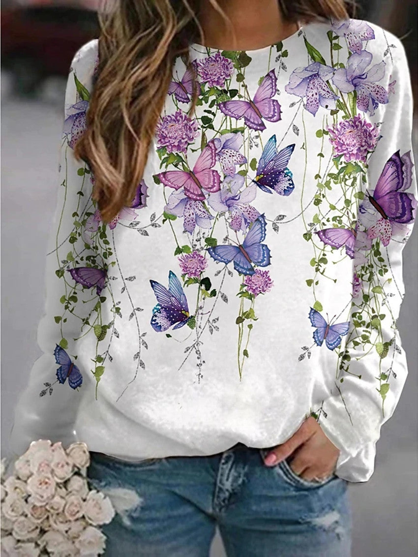 Women's Floral Butterfly Animal Print Round Neck Long Blouses