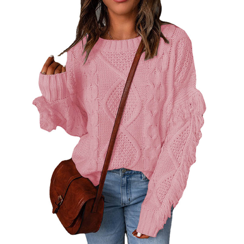 Women's Tassel Solid Color Pullover Round Neck Sweaters