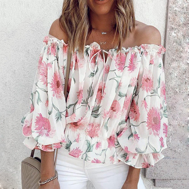 Women's Sexy Off-shoulder Chiffon Loose Printed Long-sleeved Blouses