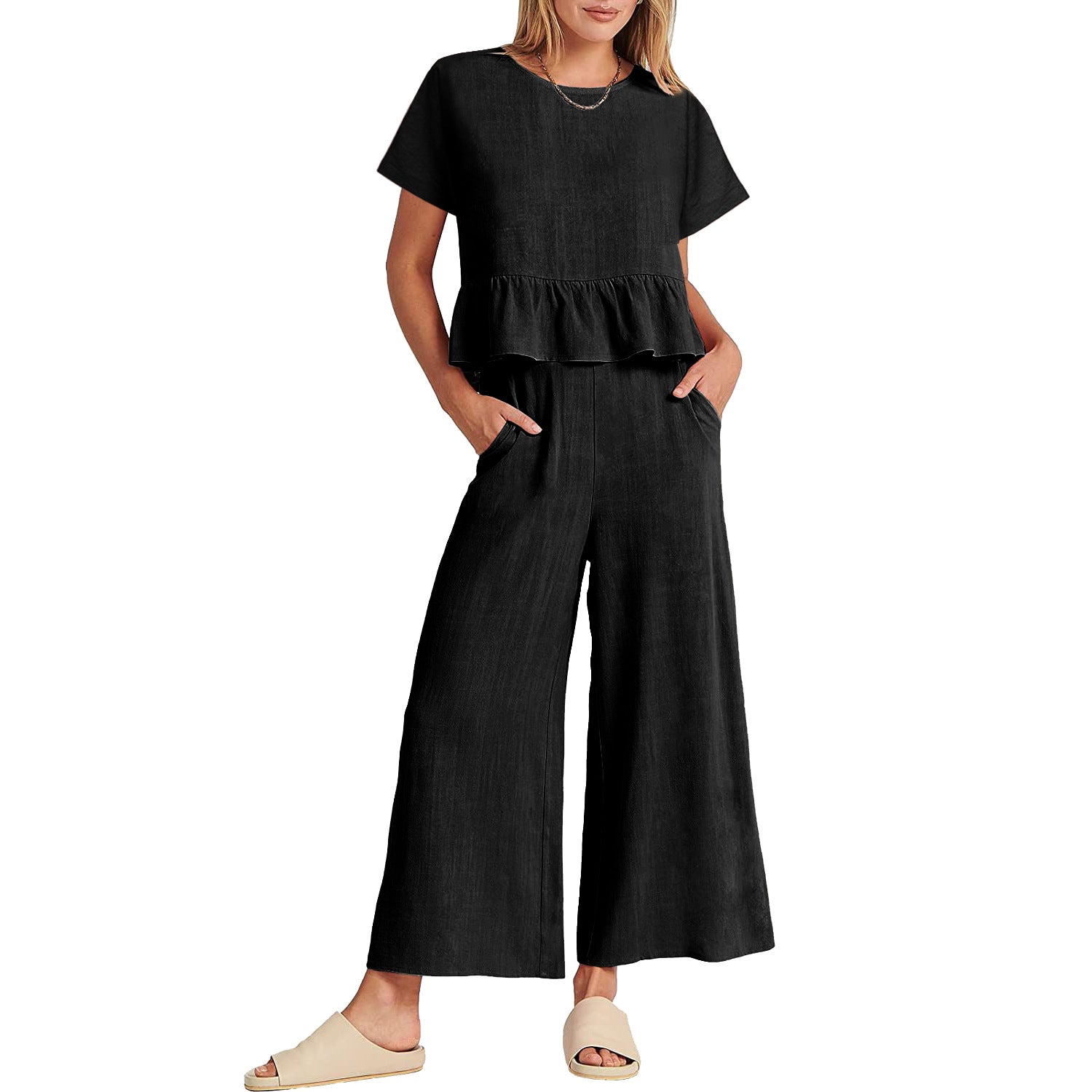 Women's Summer Sleeve Pleated Sleeves Wide Leg Suits