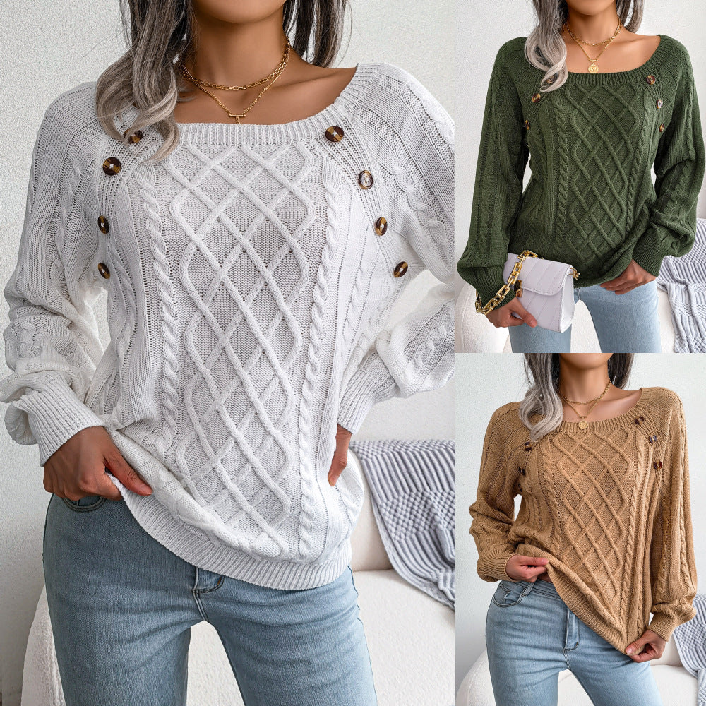 Lässige, gedrehte Strickpullover mit quadratischem Kragen für Damen