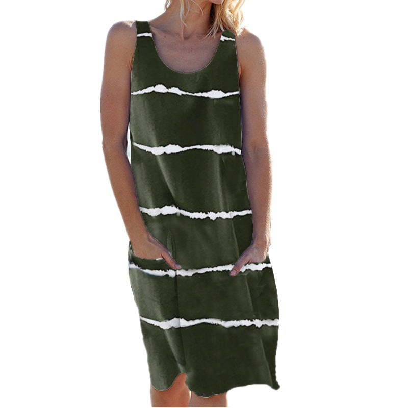 Women's Summer Round Neck Printed Striped Pocket Dresses