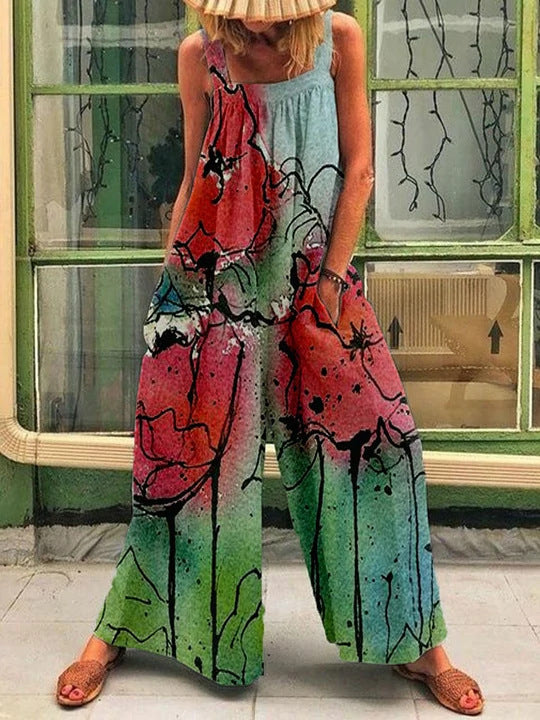 Women's Summer Large Printed Loose Wide Leg Jumpsuits