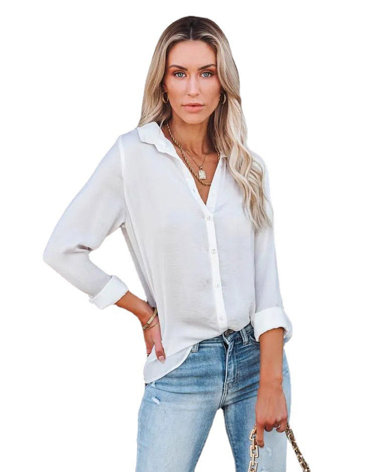 Women's Casual Loose Long Sleeve Button V-neck Blouses