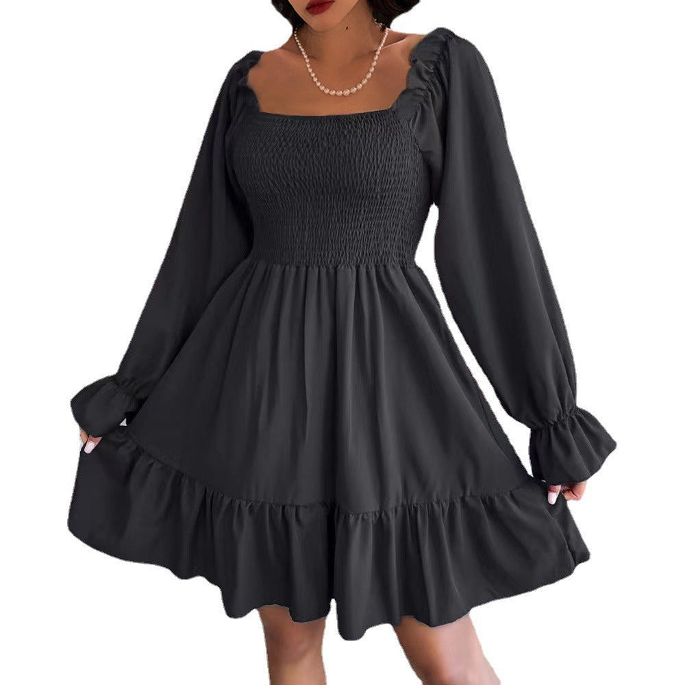 Women's Square Collar Flared Long Sleeve Ruffled Dresses