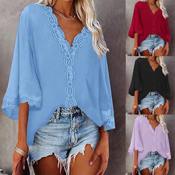 Women's Bell Sleeve V-neck Lace Loose Shirt Blouses