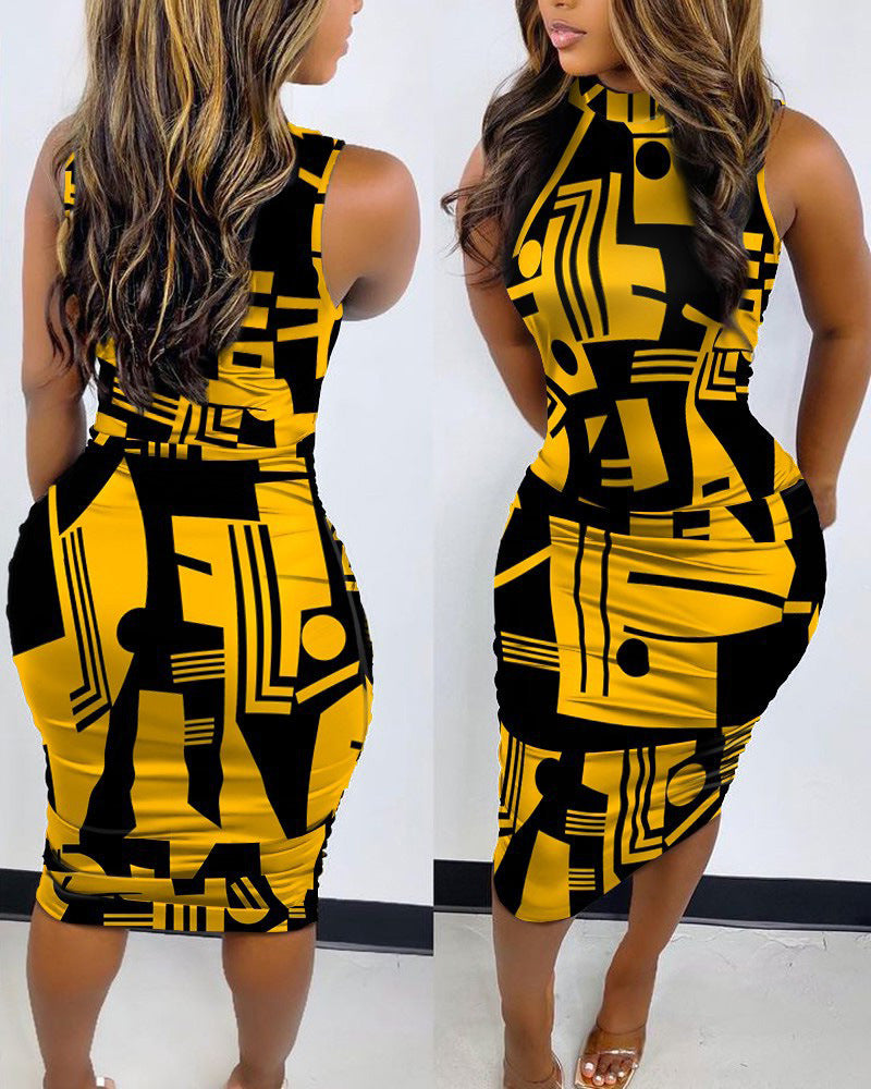 Women's Sleeveless Printed Slim Pullover Round Neck Dresses