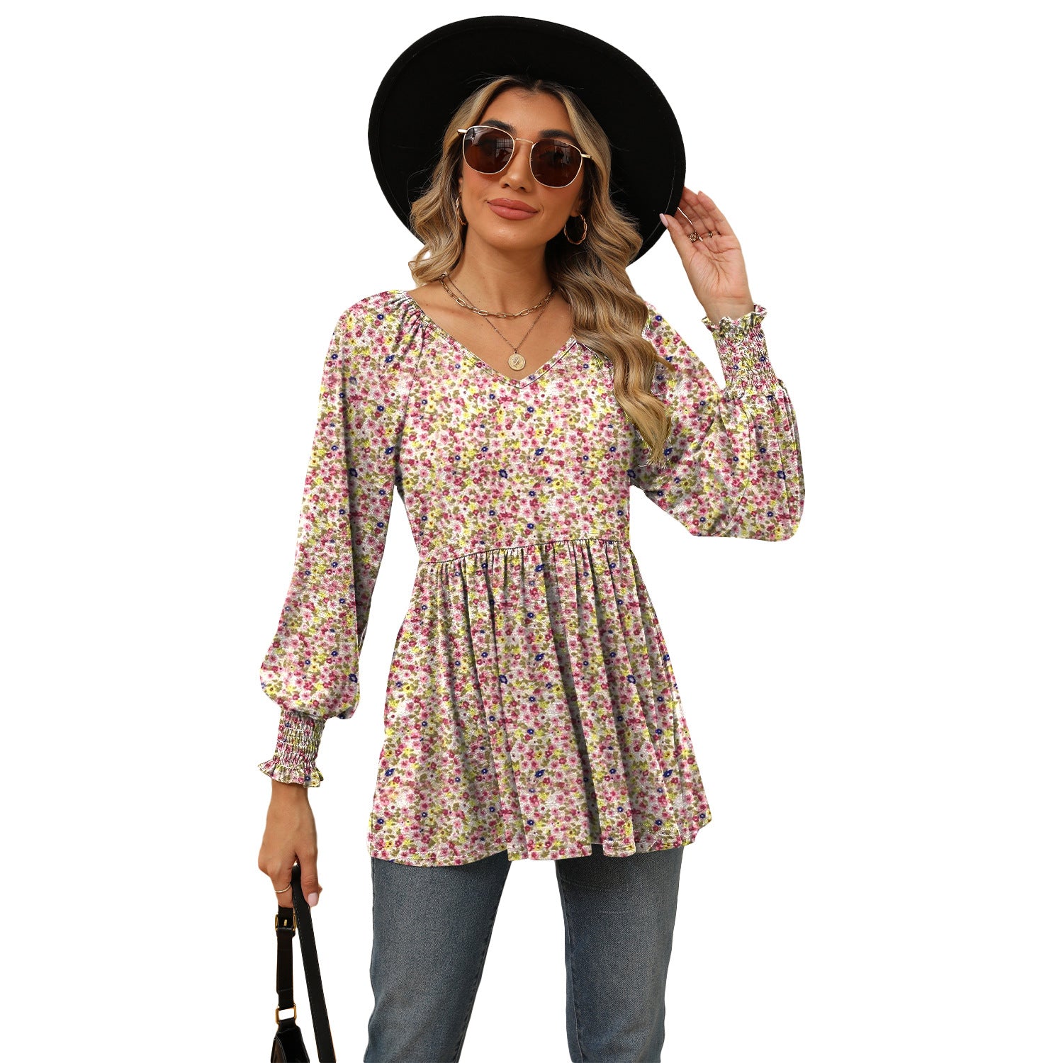 Women's Printed Bubble Long Sleeve Waist T-shirt Blouses