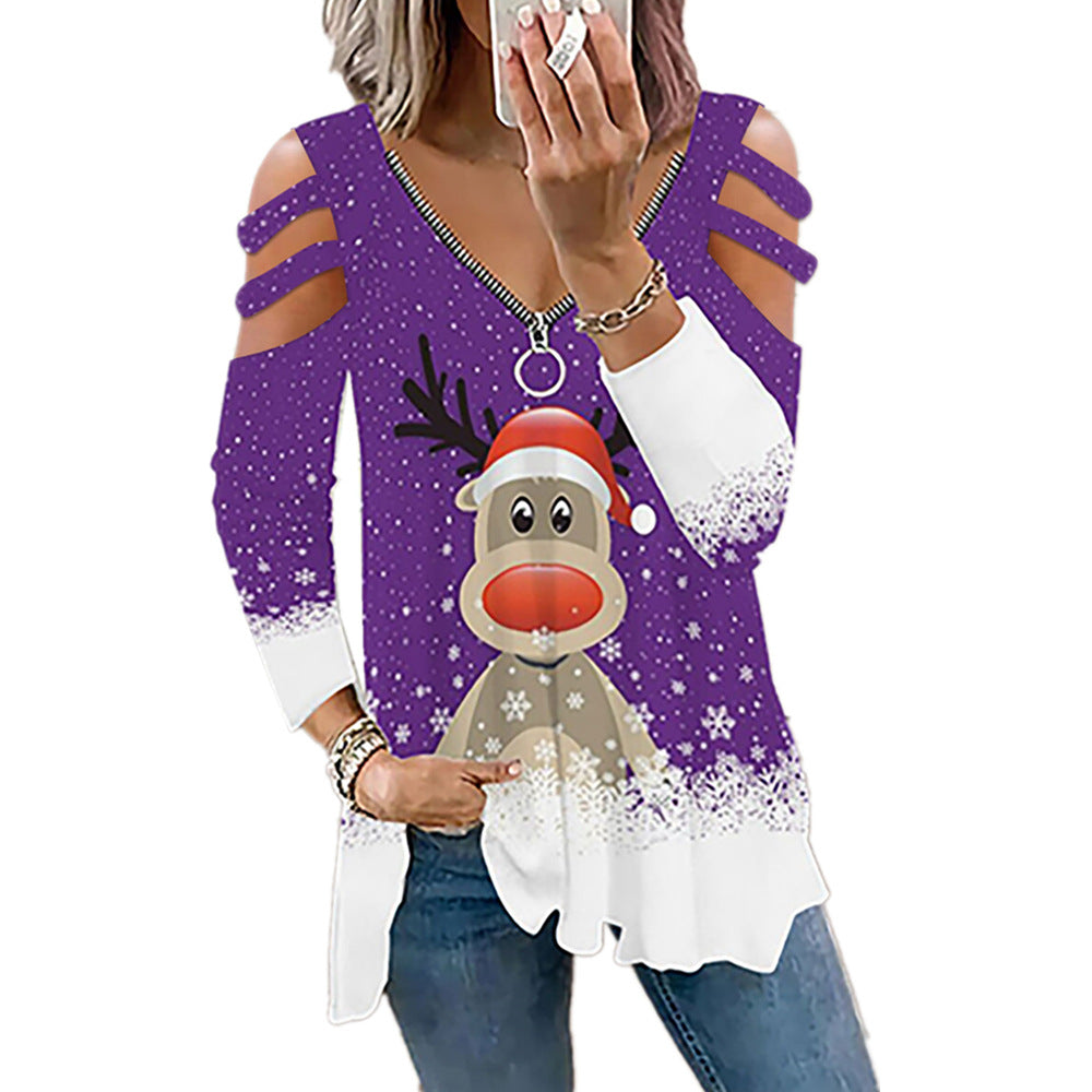 Christmas Elk Digital Printing Loose V-neck Long-sleeve Zipper Tops