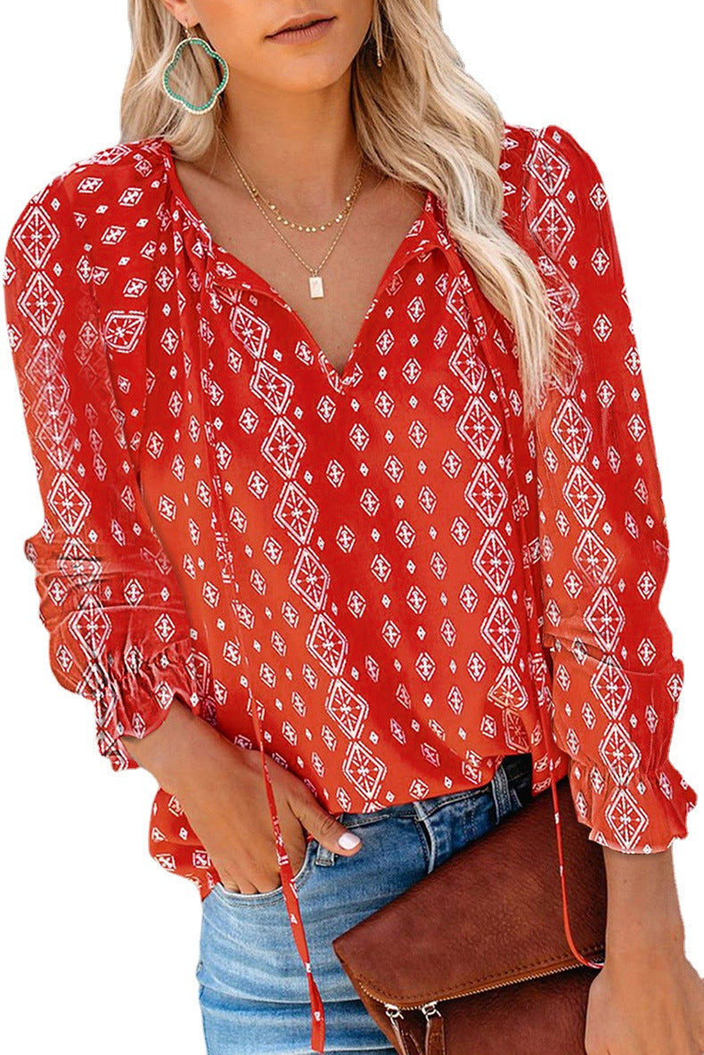 Women's Floral Print Shirt V-neck Long-sleeved Blouses