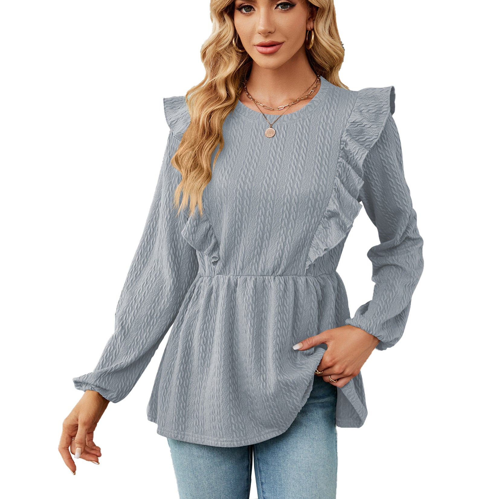 Women's Solid Color Pleated Patchwork Round Neck Blouses