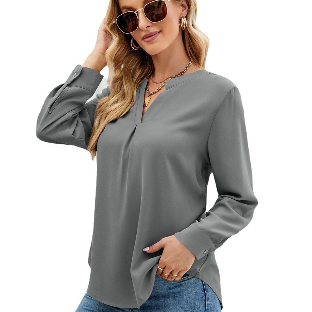 Women's Color Chiffon Shirt Loose V-neck Pullover Long Blouses