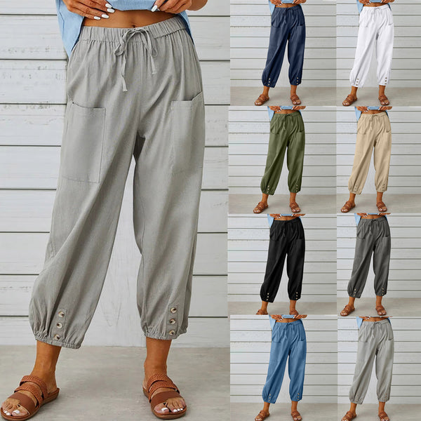 Pantalon en lin boutonné à taille haute pour femmes