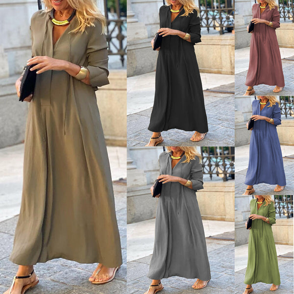 Solid Color V-neck Long Sleeve Simple Casual Dresses