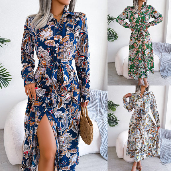 Women's Vintage Flower Lapel Tied Long Dresses