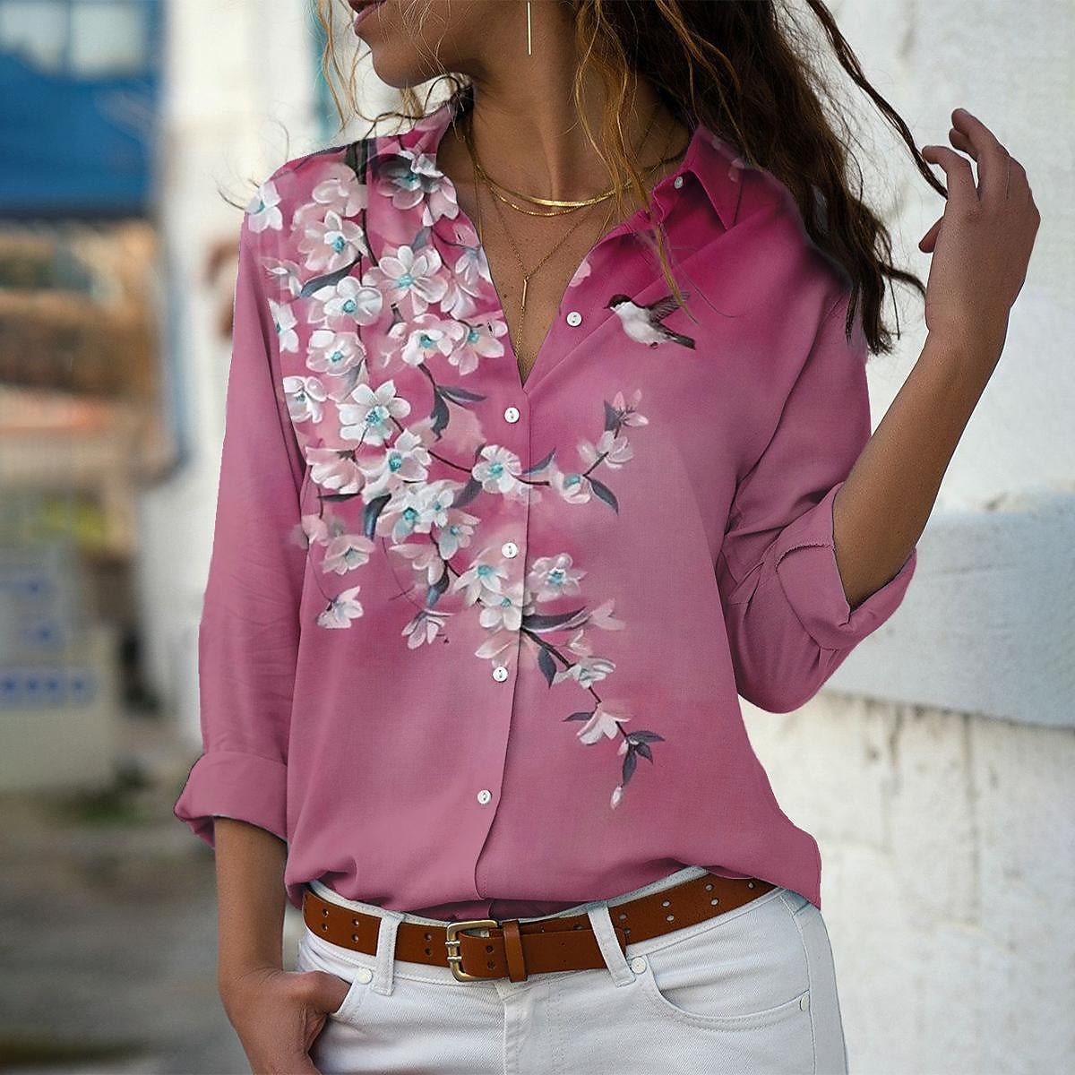 Women's Elegant Lady White Collar Printed Shirt Blouses