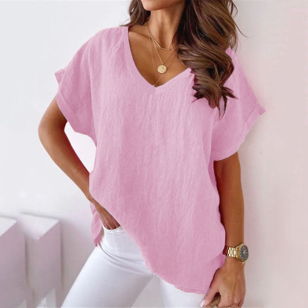 Women's Batwing Sleeve V-neck Solid Color Cotton Linen Shorts